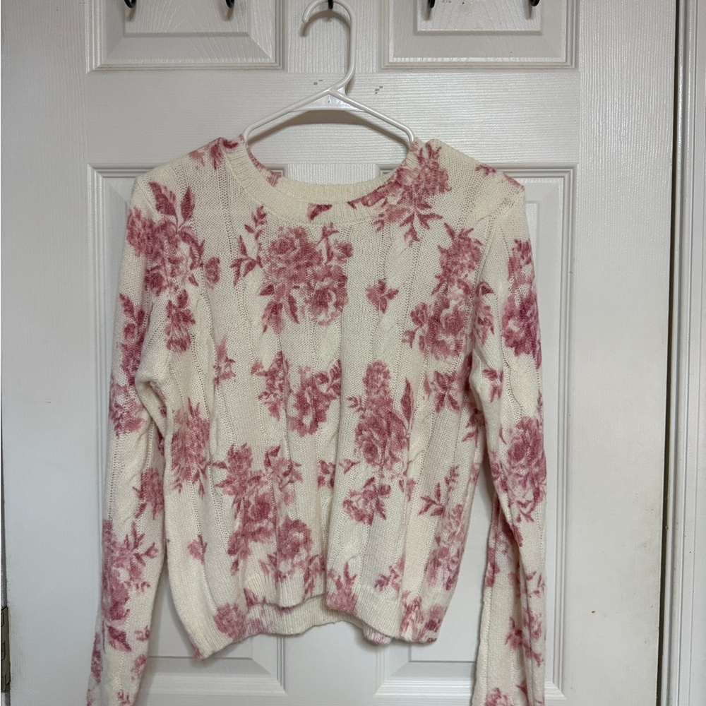 Francesca's Cream Sweater with Pink Floral Print